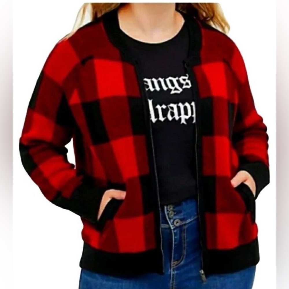 Torrid Red and Black Plaid Checkered Ragland Cardigan Zip Front NWT Sz 12 - Picture 10 of 10